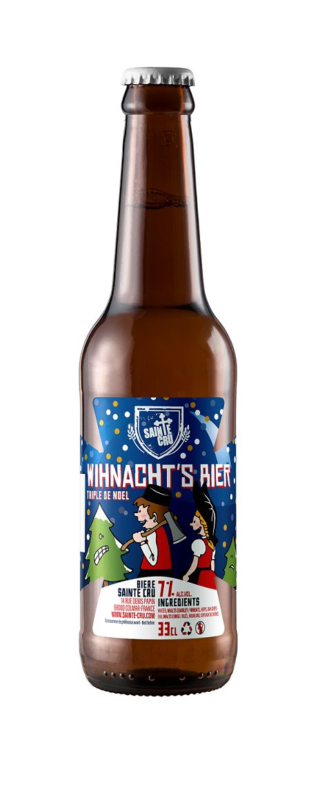 bière de noël sainte cru, un alsacien et une alsacienne sous la neige qui s'apprête à décapiter un sapin en flippe